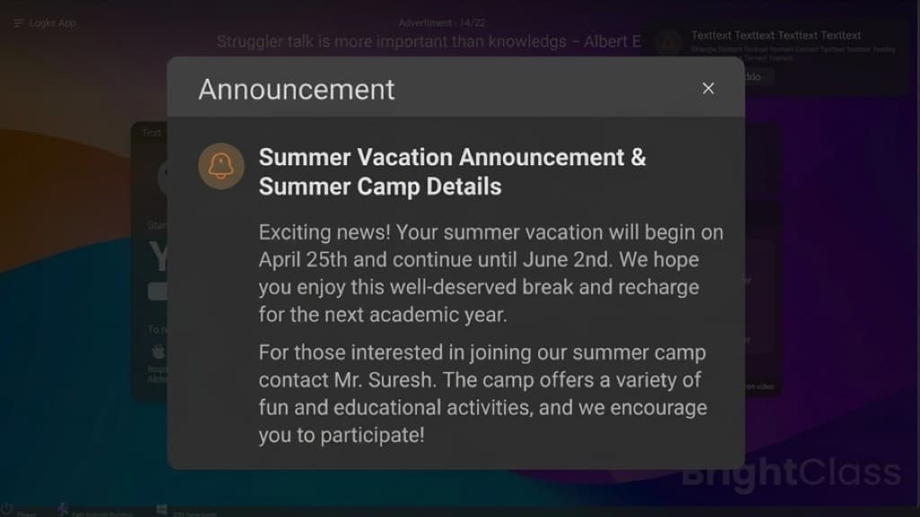 Summer vacation announcement displayed on IntraEdu digital board